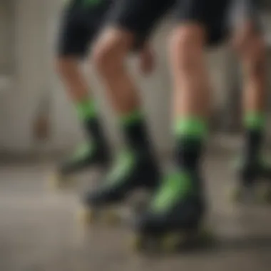 A group of skaters wearing neon green and black socks during a session