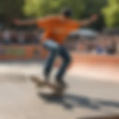 Skateboarder performing a trick in a vibrant skatepark