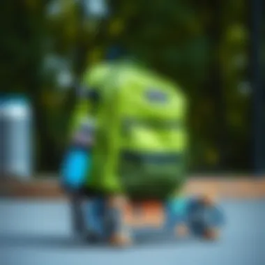 Lime green JanSport backpack paired with skateboard gear