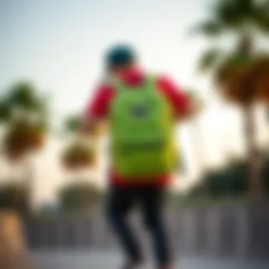 Skateboarder wearing lime green JanSport backpack in action