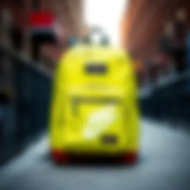 Vibrant lime green JanSport backpack displayed against an urban backdrop