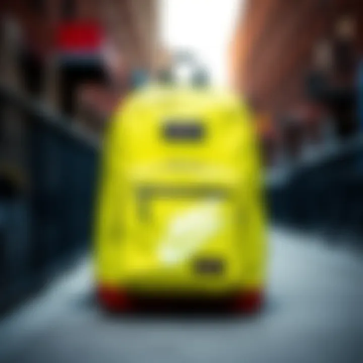 Vibrant lime green JanSport backpack displayed against an urban backdrop