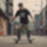 A stylish mid-weight t-shirt on a skateboarder in action