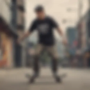 A stylish mid-weight t-shirt on a skateboarder in action