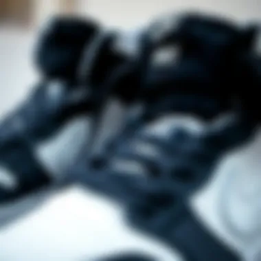 Close-up of Nike black and white hi tops showcasing design features