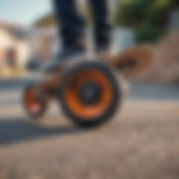 Close-up of the innovative design of a one wheel skateboard