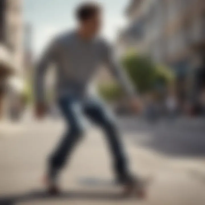 An action shot of a skateboarder wearing a long-sleeve shirt during a trick