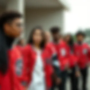 Community Impact of the Red and Black Letterman Jacket Group of young individuals in red and black letterman jackets, representing diverse identities and community.