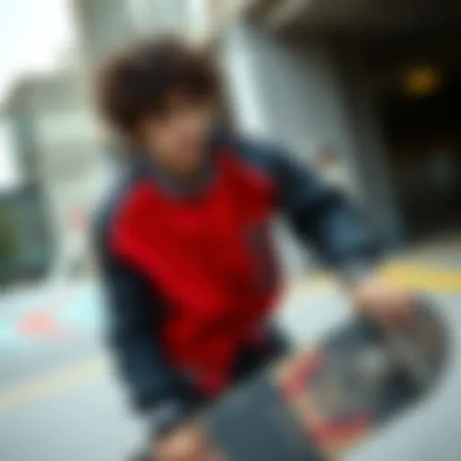 Dynamic young skateboarder showcasing the red and black letterman jacket in an urban setting.