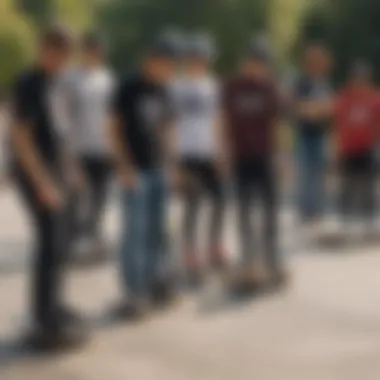 A vibrant skate park setting with skateboarders using various styles of black waist packs