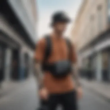 A skateboarder showcasing a stylish black waist pack during an urban skate session