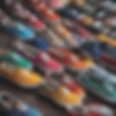 An array of colorful canvas vans lined up, emphasizing their style.