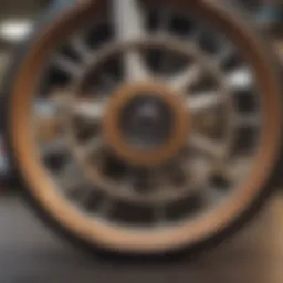 Close-up view of a penny wheel showcasing its unique design and material