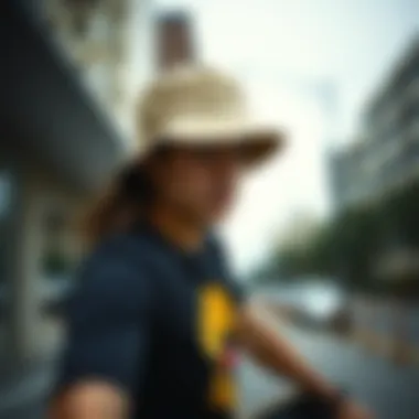 A skateboarder wearing a stylish bucket hat in an urban setting