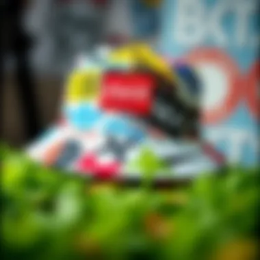 A vibrant bucket hat adorned with skate brand logos