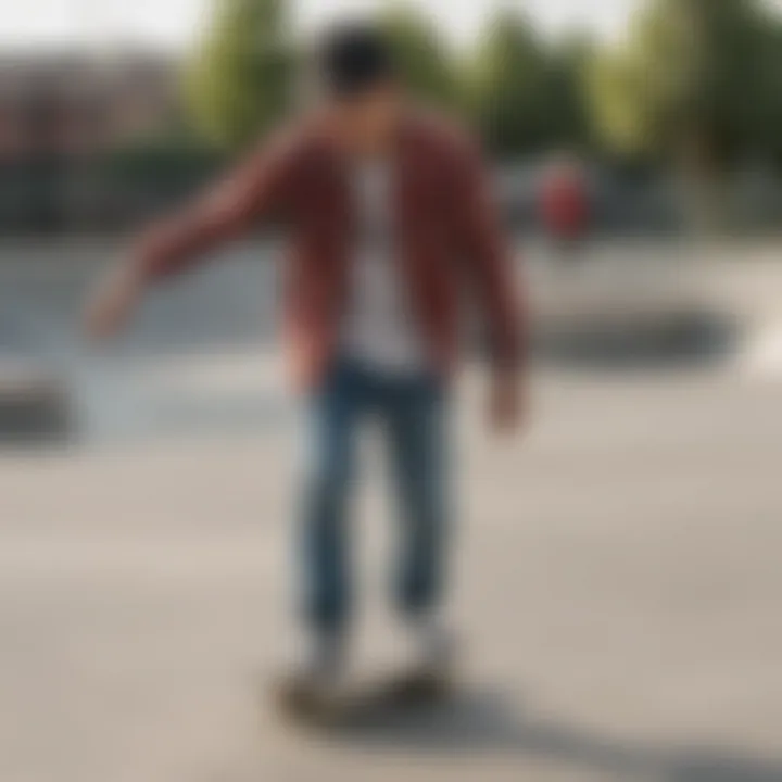 A skateboarder wearing a cartoon button-up shirt while performing a trick at a skatepark.