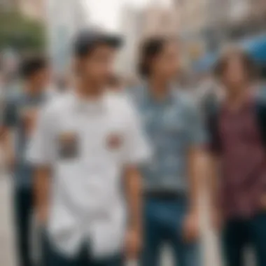 A street scene with skateboarders wearing various styles of cartoon button-up shirts.