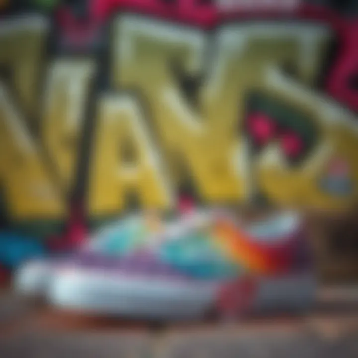 A collection of Vans Asher Rainbow Checkerboard shoes displayed against vibrant graffiti art