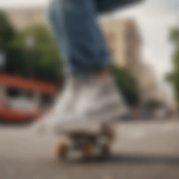 A skater performing tricks while wearing Vans white leopard print shoes