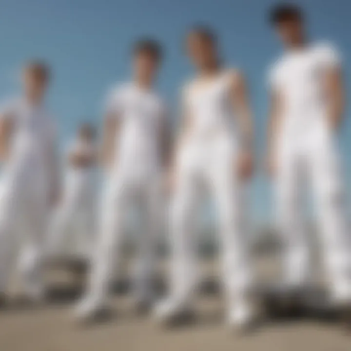 Group of skateboarders displaying diverse styles with all white cargo pants