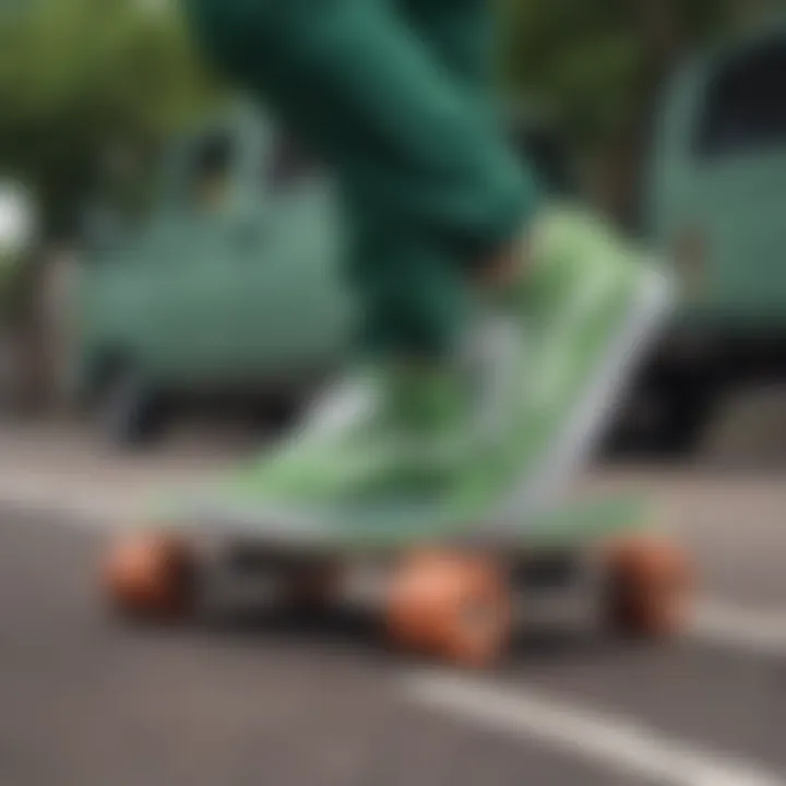 A stylish pair of green Vans on a skateboard