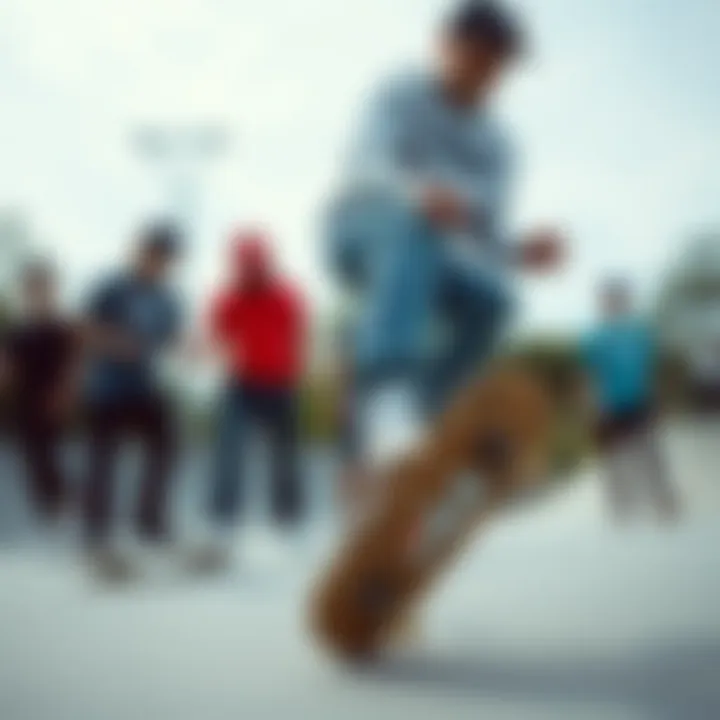 A group of skaters wearing Fila Ray sneakers at a skate park