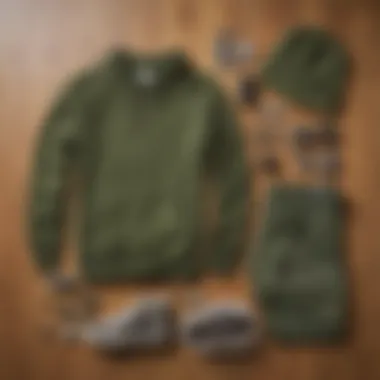 Flat lay of olive green sweats with accessories and skateboard