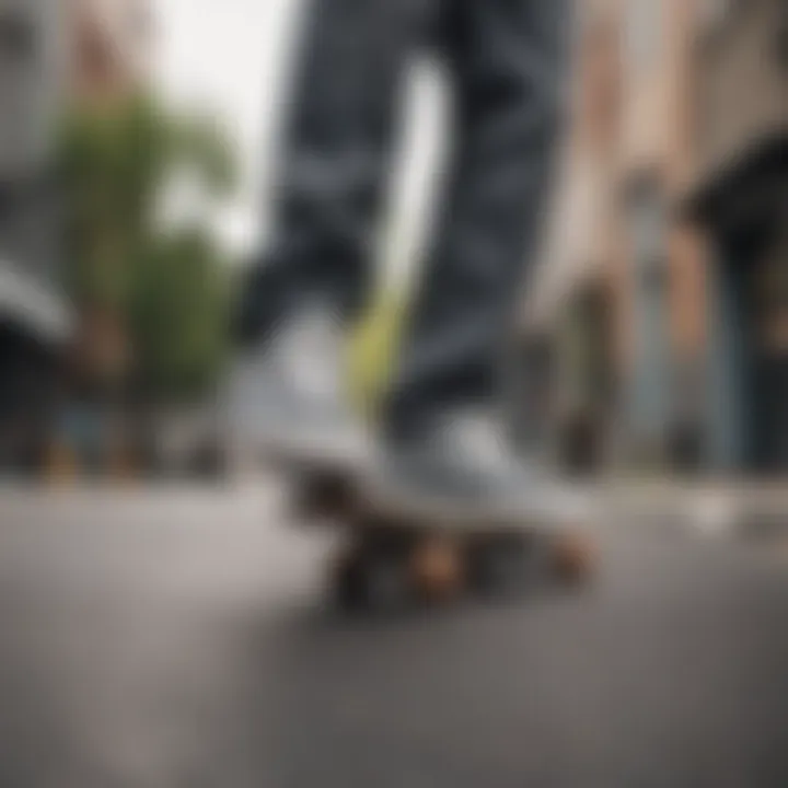 Skateboarder wearing gray camo Vans in an urban environment