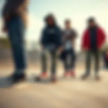Group of skaters wearing fashionable footwear in a skate park