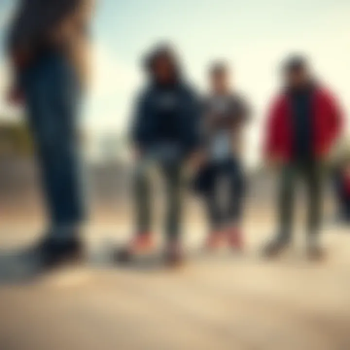 Group of skaters wearing fashionable footwear in a skate park