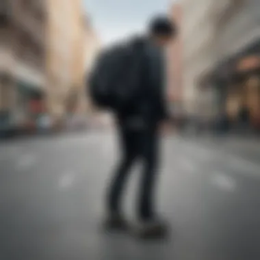 An individual using the Herschel Black Backpack while skateboarding through the city