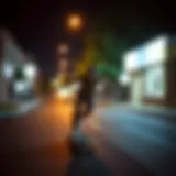 Vibrant LED skateboard lights illuminating the street at night