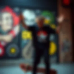 Juice WRLD performing with skateboard graphics in the background