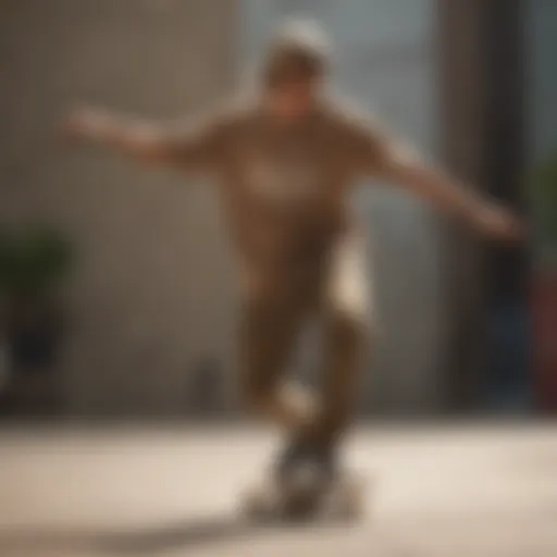 A skateboarder performing a trick in a light brown graphic tee