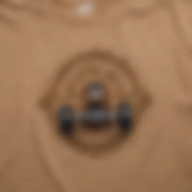 Close-up of unique graphic designs on light brown tees