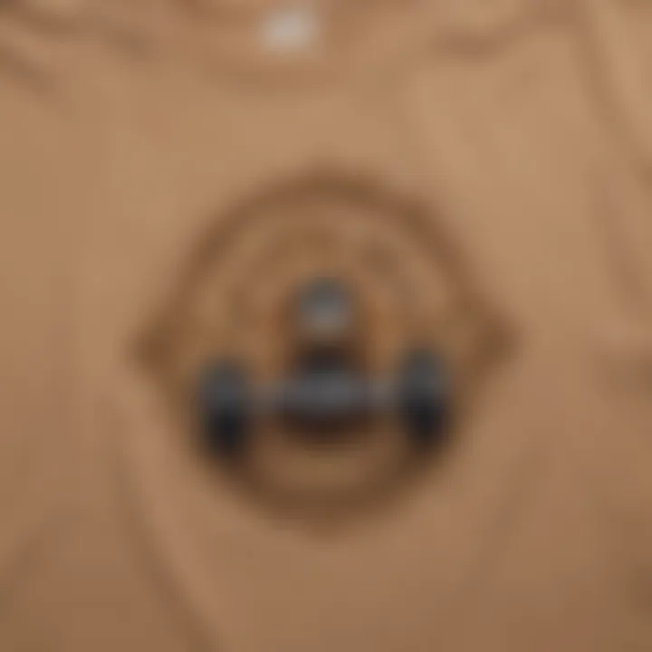 Close-up of unique graphic designs on light brown tees