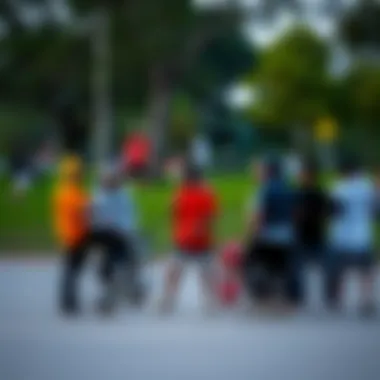 A gathering of skaters discussing Lowcard philosophy in a vibrant park