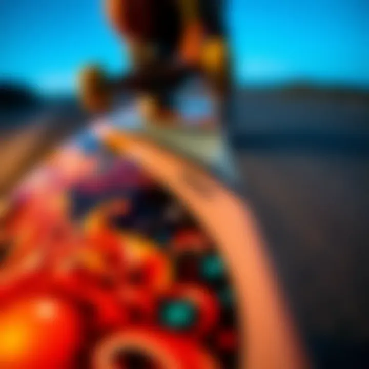 A close-up of a skateboard deck featuring Lowcard artwork