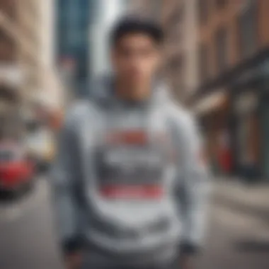 A stylish individual wearing a Mitchell and Ness sweatshirt against an urban backdrop.