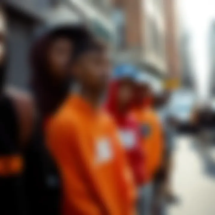 A group of diverse individuals wearing New Balance apparel in an urban setting, highlighting streetwear culture.