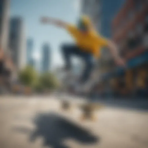 Dynamic skateboarder performing a trick in a vibrant urban setting