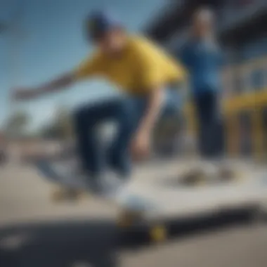 Group of skateboarders showcasing diverse styles with blue and yellow gear