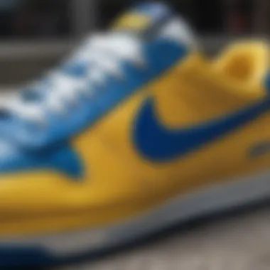 Close-up of Nike sneakers featuring blue and yellow accents