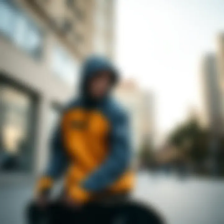 Skateboarder wearing a Nike hooded windbreaker in an urban environment