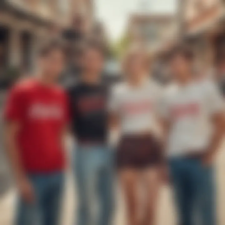 A nostalgic scene of friends enjoying a casual day out, all wearing vintage Coke shirts, capturing the essence of community and style