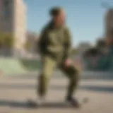 Olive green sweats showcased in an urban skate park