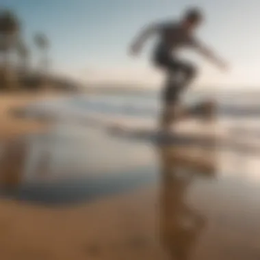 A vibrant beach scene showcasing multiple riders on one wheel skateboards