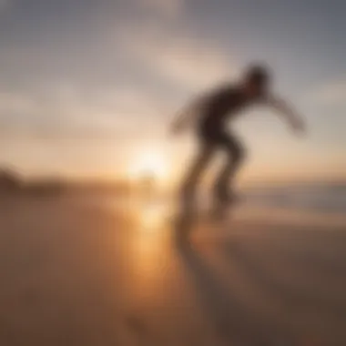 Skaters enjoying a sunset ride on one wheel skateboards