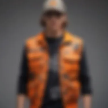 An orange camo vest paired with trendy skateboarding gear