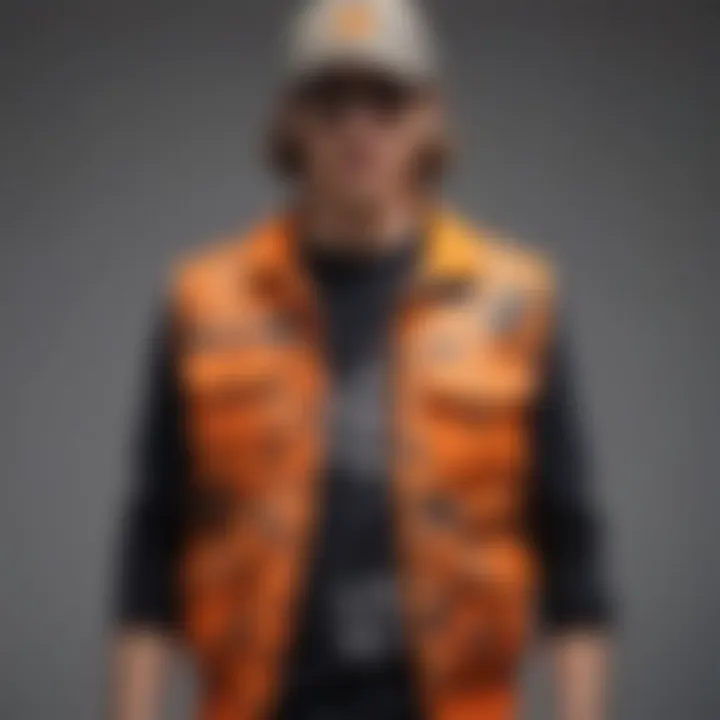 An orange camo vest paired with trendy skateboarding gear